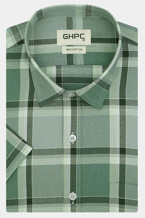 Men's 100% Cotton Windowpane Checkered Half Sleeves Shirt (Green)