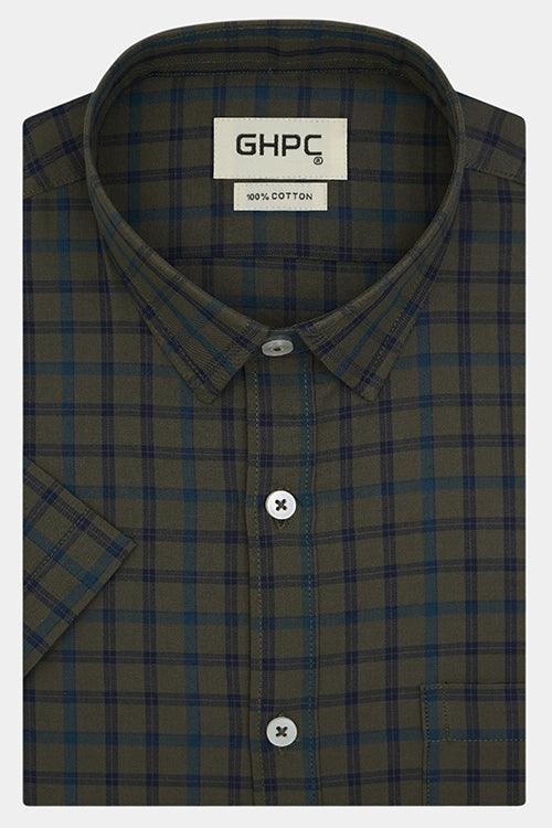 Men's 100% Cotton Windowpane Checkered Half Sleeves Shirt (Olive Green)
