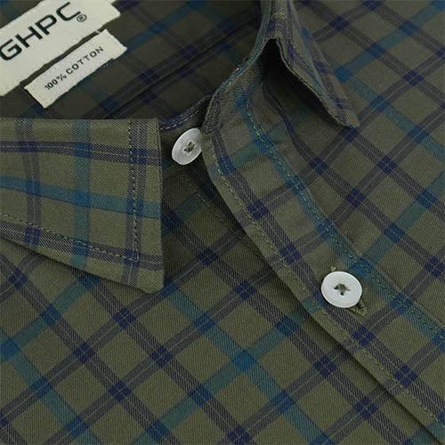 Men's 100% Cotton Windowpane Checkered Half Sleeves Shirt (Olive Green)