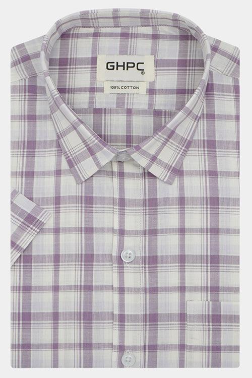 Men's 100% Cotton Windowpane Checkered Half Sleeves Shirt (Purple)