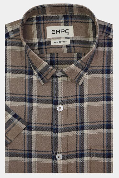 Men's 100% Cotton Windowpane Checks Half Sleeves Shirt (Brown)