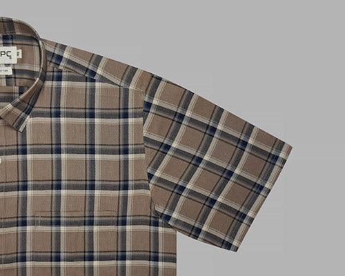 Men's 100% Cotton Windowpane Checks Half Sleeves Shirt (Brown)