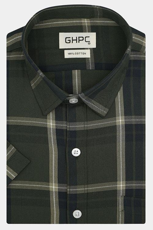 Men's 100% Cotton Windowpane Checks Half Sleeves Shirt (Olive)