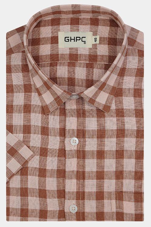 Men's 100% Linen Plaid Checks Half Sleeves Regular Fit Formal Shirt (Peach)