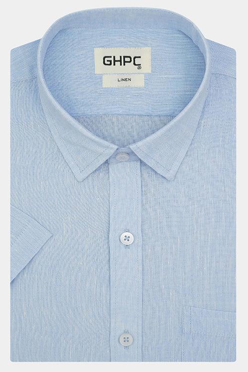 Men's 100% Linen Plain Solid Half Sleeves Shirt (Sky Blue)