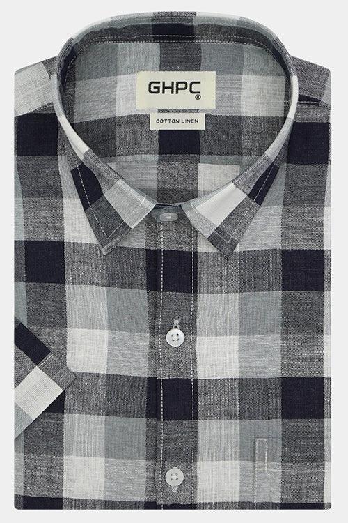 Men's Cotton Linen Big / Buffalo Checkered Half Sleeves Shirt (Misty Blue)