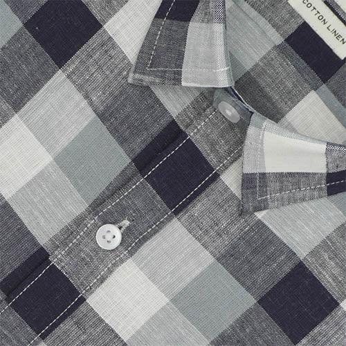 Men's Cotton Linen Big / Buffalo Checkered Half Sleeves Shirt (Misty Blue)