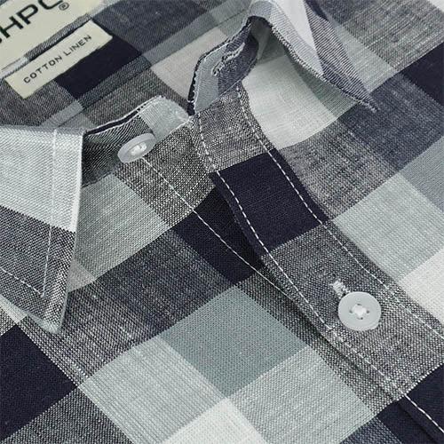 Men's Cotton Linen Big / Buffalo Checkered Half Sleeves Shirt (Misty Blue)