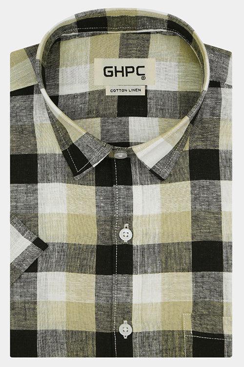 Men's Cotton Linen Big / Buffalo Checkered Half Sleeves Shirt (Yellow)