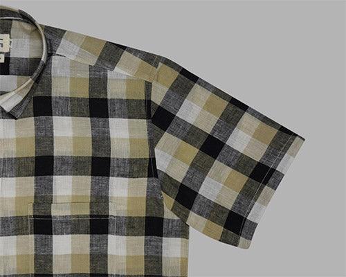 Men's Cotton Linen Big / Buffalo Checkered Half Sleeves Shirt (Yellow)