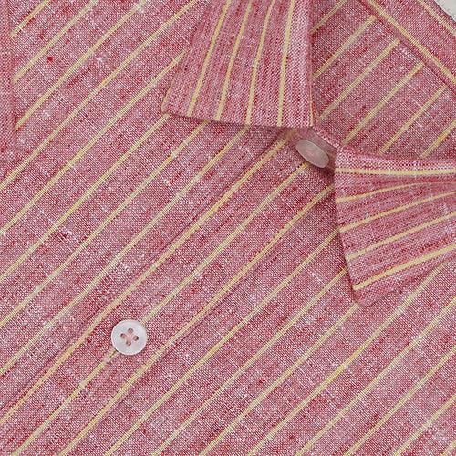 Men's Cotton Linen Chalk Striped Half Sleeves Shirt (Red)