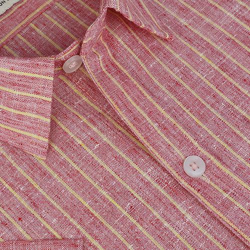 Men's Cotton Linen Chalk Striped Half Sleeves Shirt (Red)