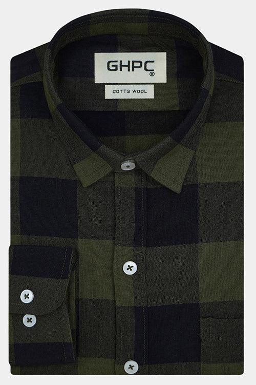Men's Winter Wear Cottswool Big Buffalo Checkered Full Sleeves Shirt (Olive Green)