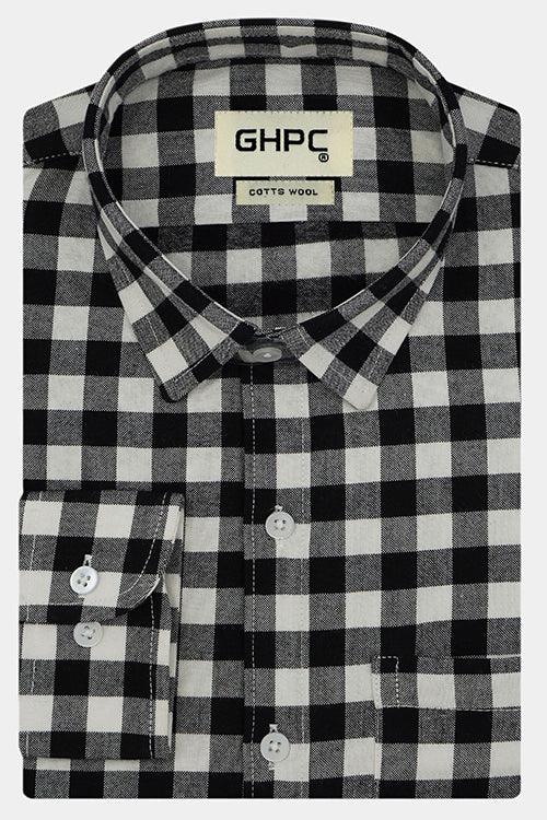 Men's Winter Wear Cottswool Gingham Checkered Full Sleeves Shirt (Black)