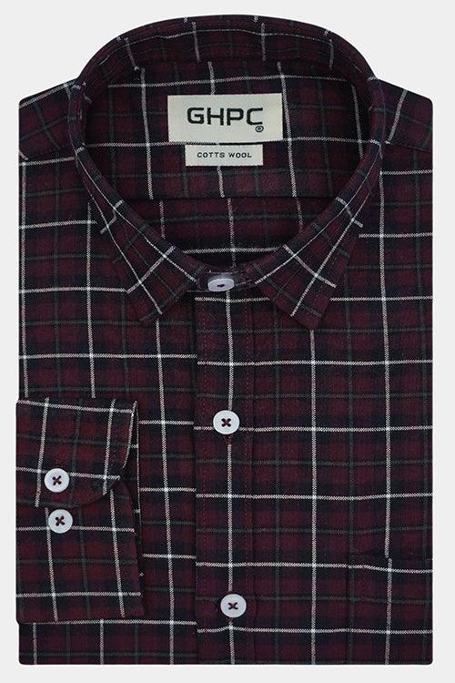 Men's Winter Wear Cottswool Grid Tattersall Checkered Full Sleeves Shirt (Burgundy)