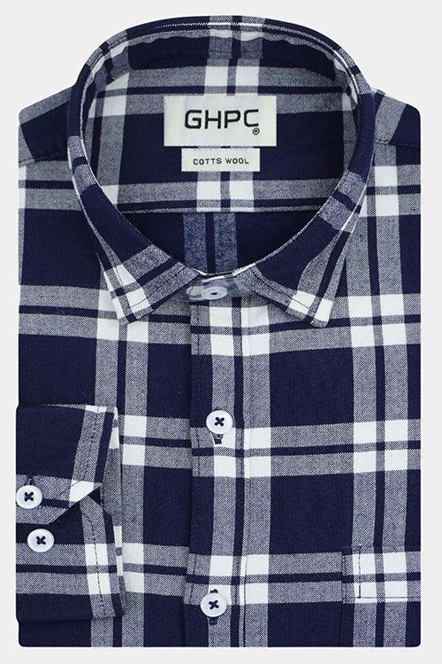Men's Winter Wear Cottswool Windowpane Checkered Full Sleeves Shirt (Navy)