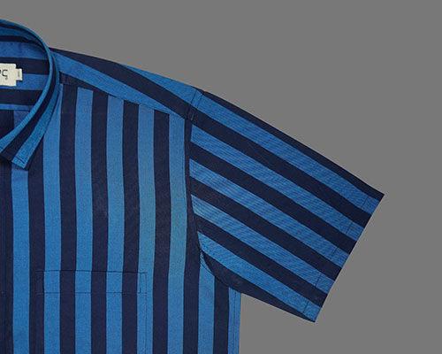Men's 100% Cotton Awning Striped Half Sleeves Shirt (Blue)