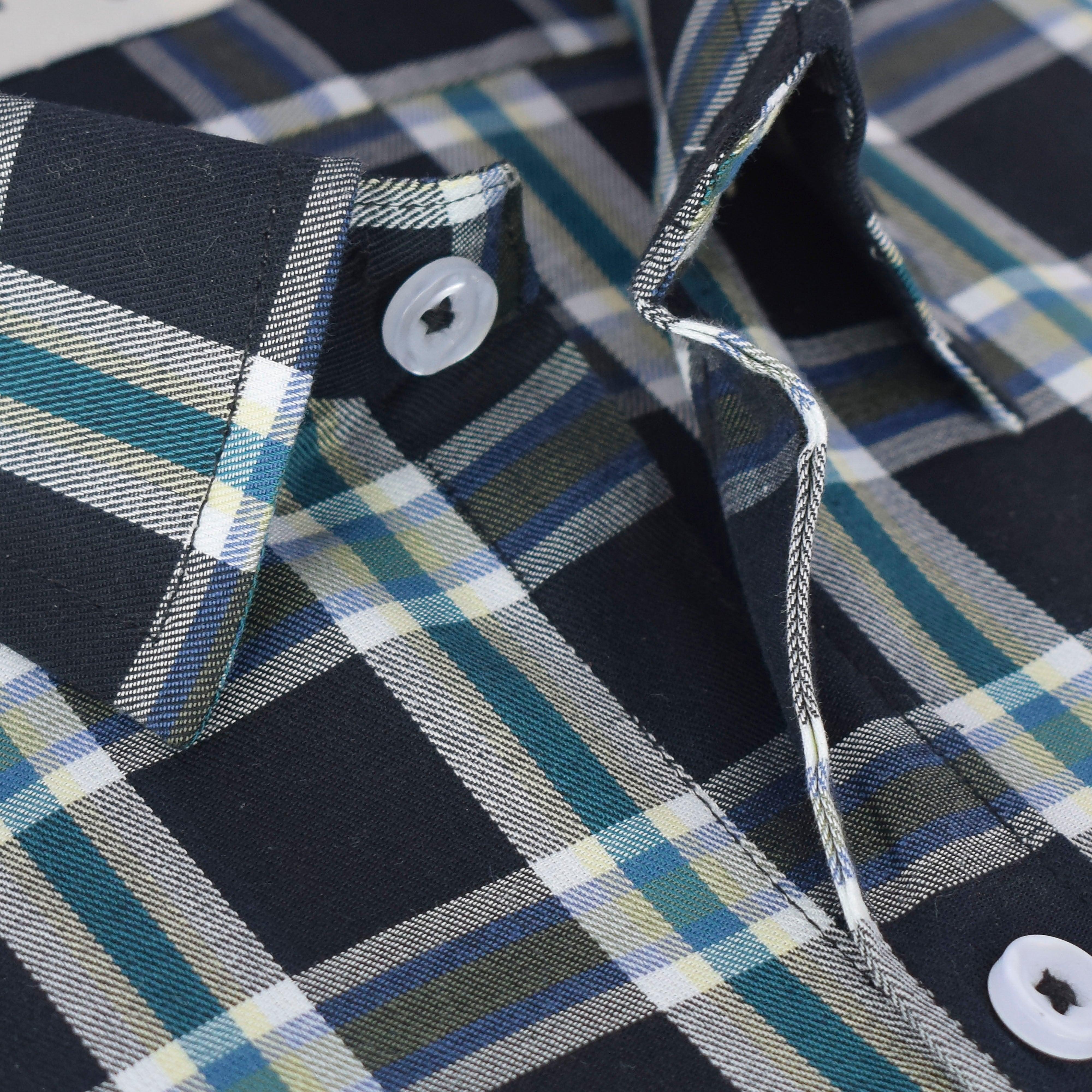 Men's 100% Cotton Grid Tattersall Checkered Half Sleeves Shirt (Black)