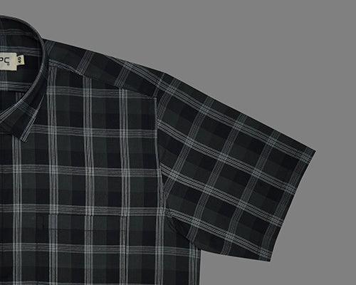 Men's 100% Cotton Grid Tattersall Checkered Half Sleeves Shirt (Black)
