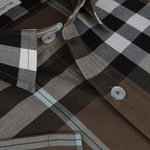 Men's 100% Cotton Grid Tattersall Checkered Half Sleeves Shirt (Brown)