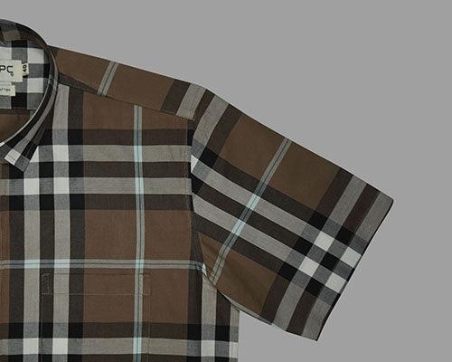 Men's 100% Cotton Grid Tattersall Checkered Half Sleeves Shirt (Brown)