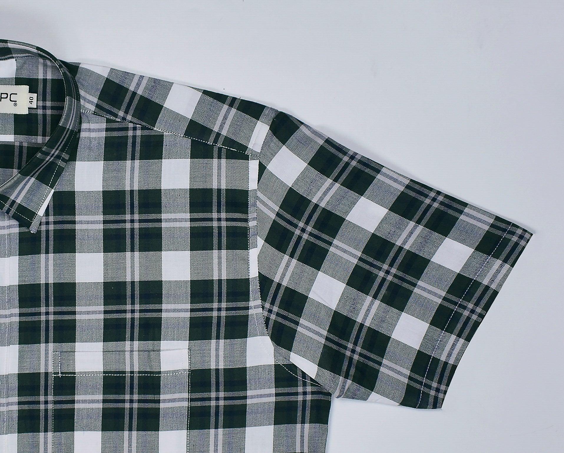 Men's 100% Cotton Madras Checkered Half Sleeves Shirt (Bottle Green)