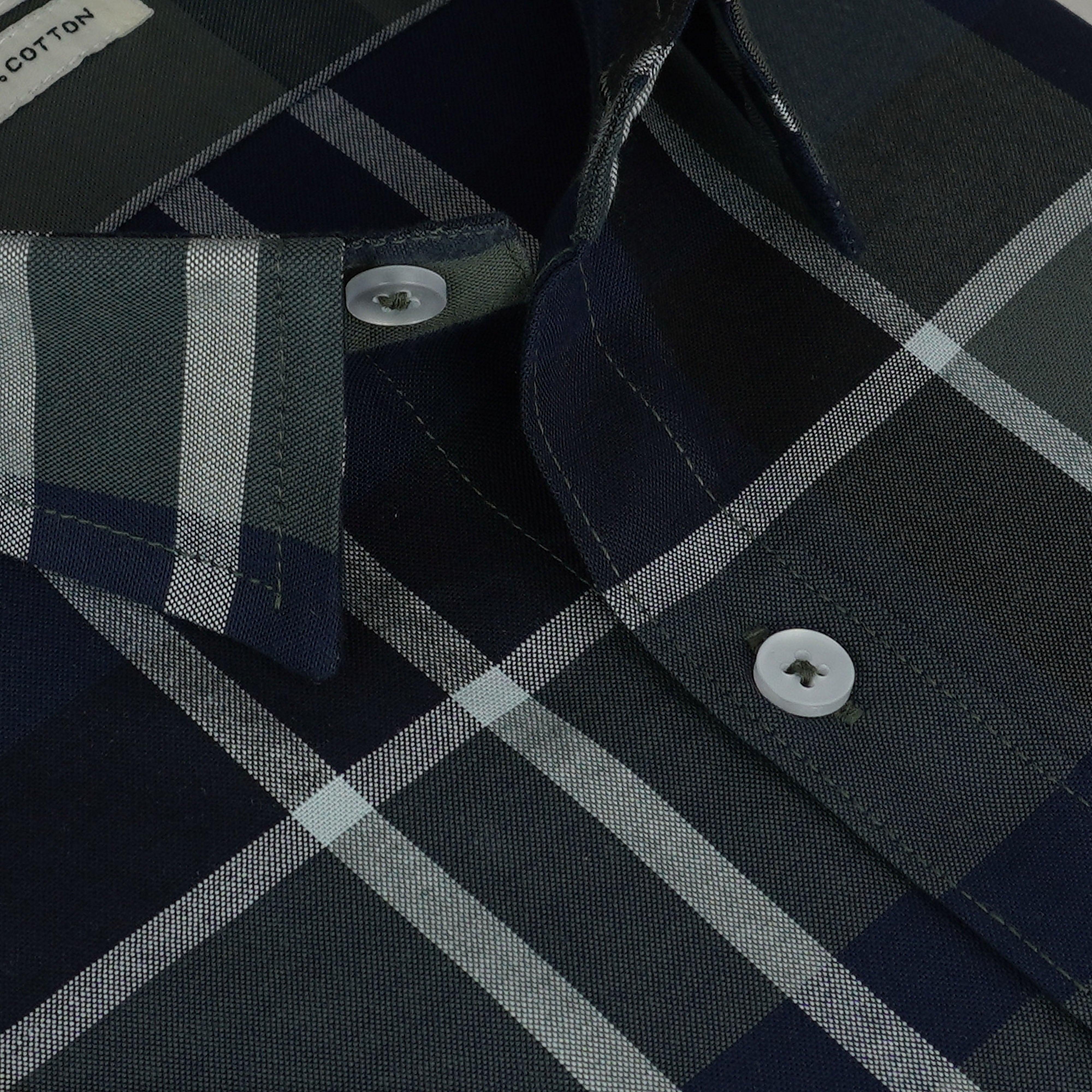 Men's 100% Cotton Plaid Checkered Half Sleeves Shirt (Blue)