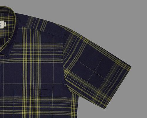 Men's 100% Cotton Tartan Checkered Half Sleeves Shirt (Navy)