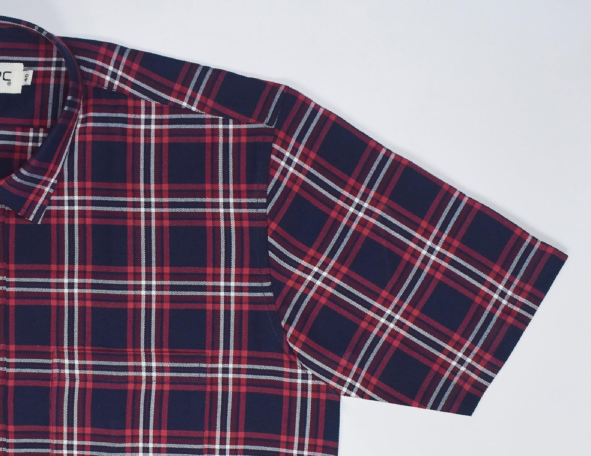 Men's 100% Cotton Tartan Checkered Half Sleeves Shirt (Navy)