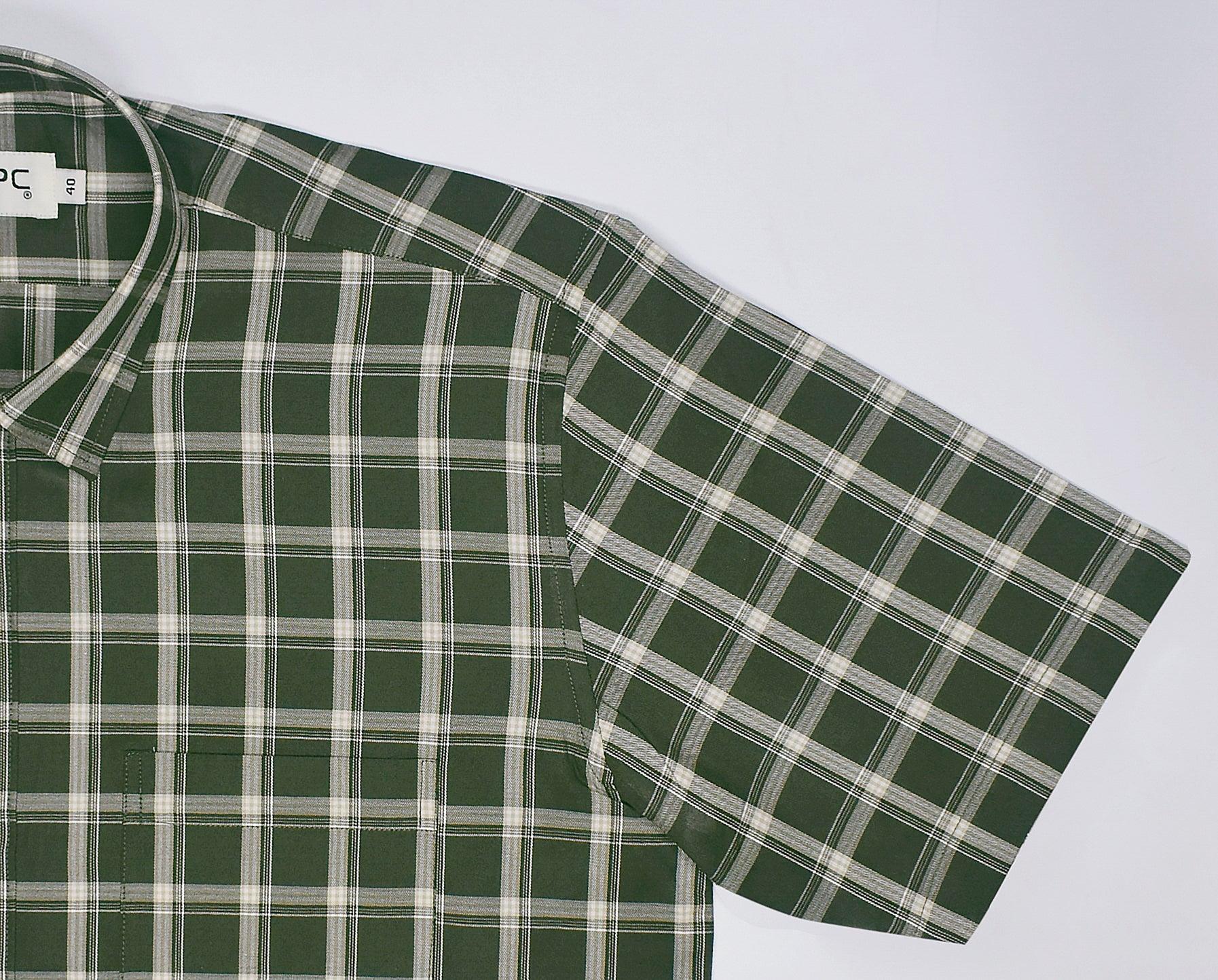 Men's 100% Cotton Tartan Checkered Half Sleeves Shirt (Olive)