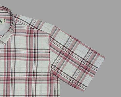 Men's 100% Cotton Tartan Checkered Half Sleeves Shirt (Peach)