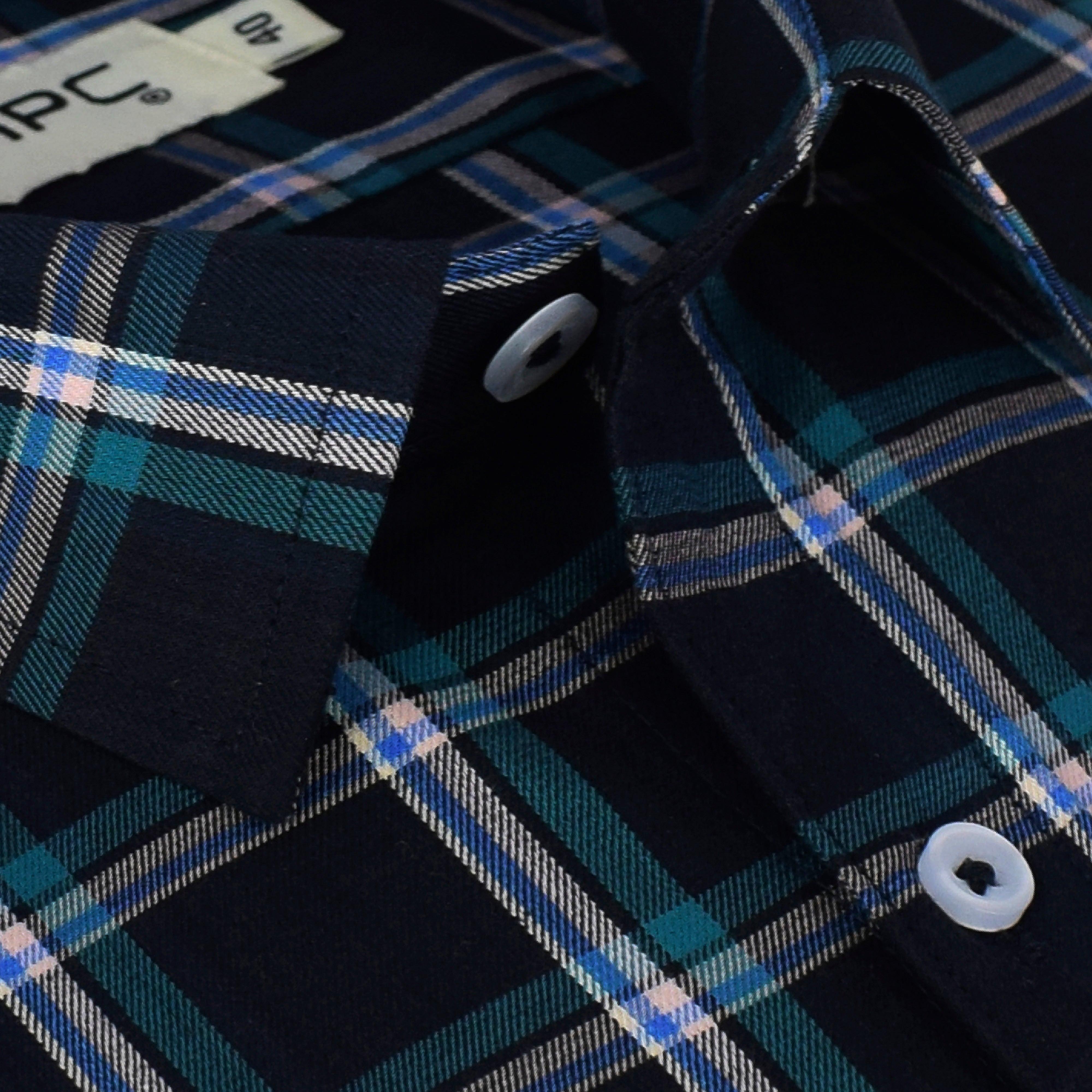 Men's 100% Cotton Windowpane Checkered Half Sleeves Shirt (Black)