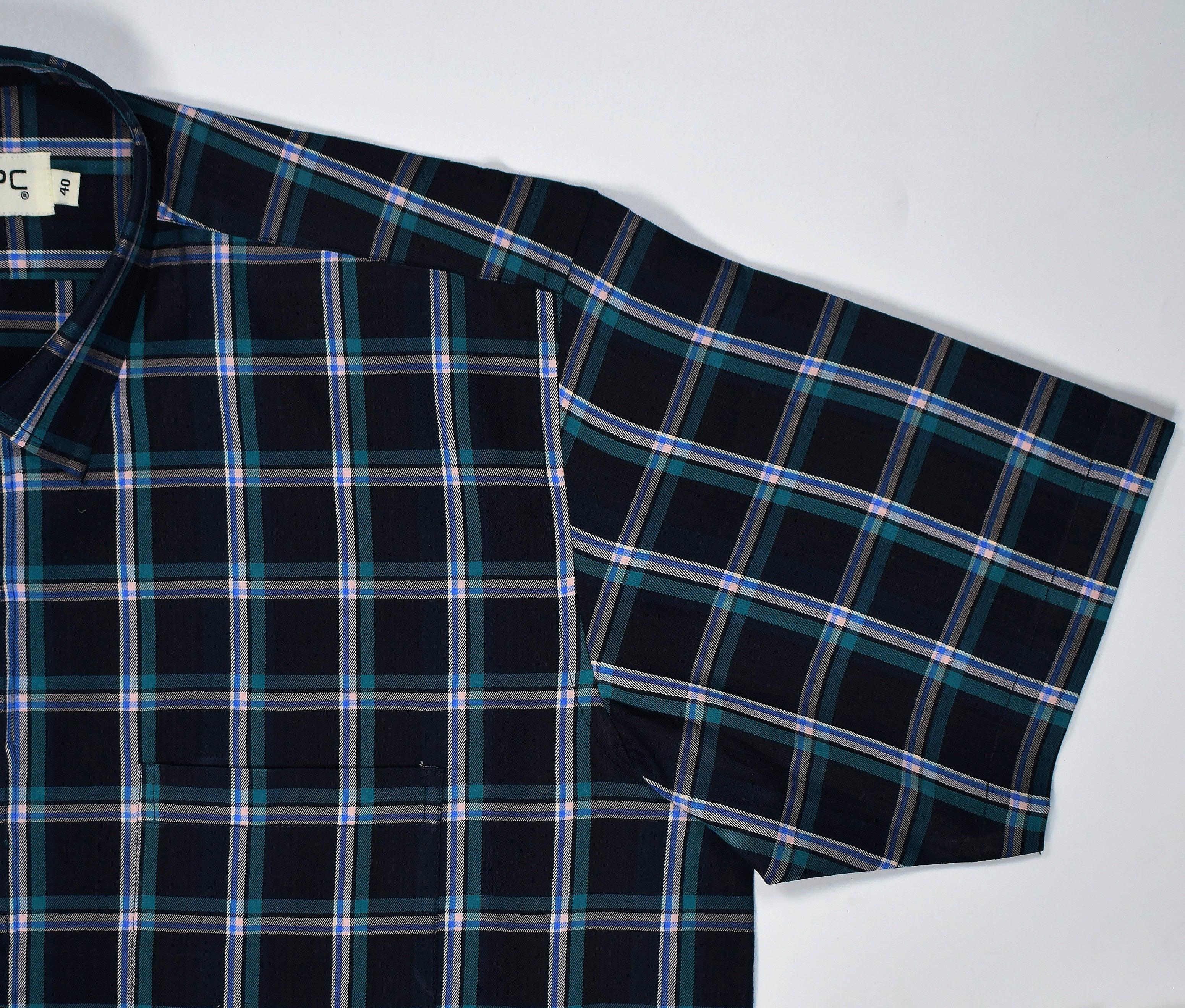 Men's 100% Cotton Windowpane Checkered Half Sleeves Shirt (Black)