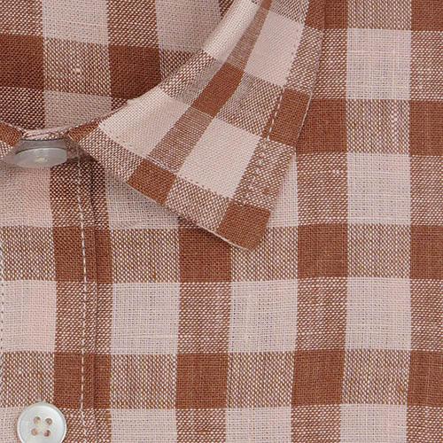 Men's 100% Linen Plaid Checks Half Sleeves Regular Fit Formal Shirt (Peach)