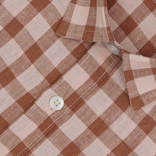 Men's 100% Linen Plaid Checks Half Sleeves Regular Fit Formal Shirt (Peach)