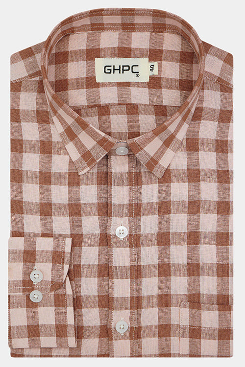 Men's 100% Linen Plaid Checks Full Sleeves Regular Fit Formal Shirt (Peach) FSF1200225