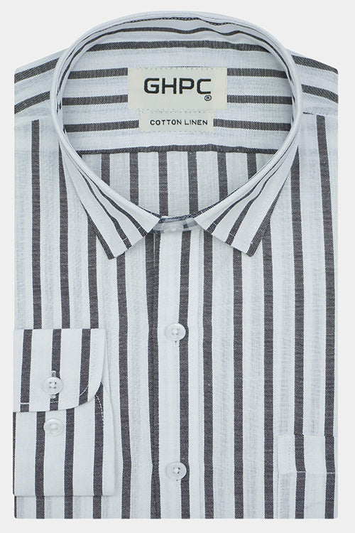 Men's Cotton Linen Breton Striped Full Sleeves Shirt (White)
