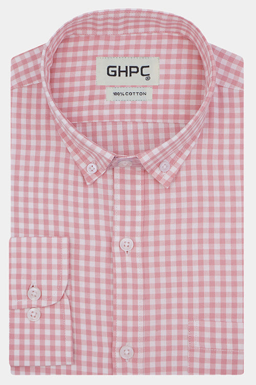 Men's 100% Cotton Gingham Checkered Full Sleeves Shirt (Peach) FSF408325_1