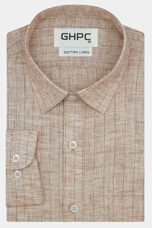Men's Cotton Linen Chalk Striped Full Sleeves Shirt (Brown)