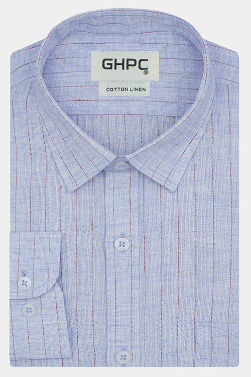 Men's Cotton Linen Chalk Striped Full Sleeves Shirt (Blue)