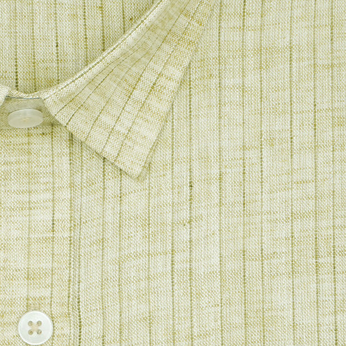 Men's Cotton Linen Wide Pin Striped Full Sleeves Shirt (Olive)