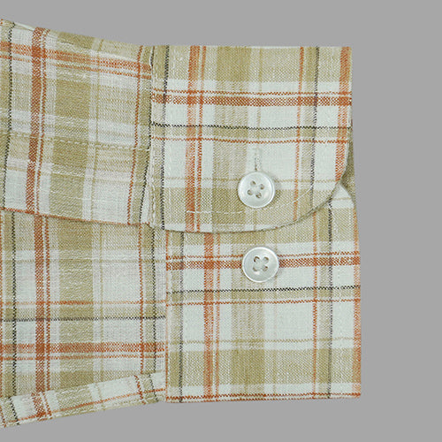 Men's Cotton Linen Plaid Checkered Full Sleeves Shirt (Brown)