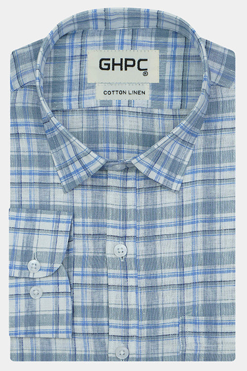 Men's Cotton Linen Plaid Checkered Full Sleeves Shirt (Blue)