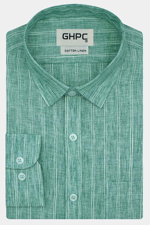 Men's Cotton Linen Shadow Striped Full Sleeves Shirt (Green)