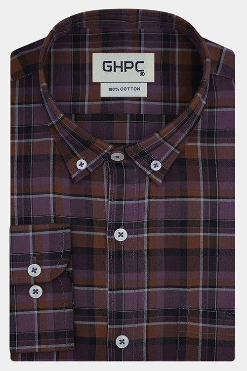 Men's 100% Cotton Plaid Checkered Full Sleeves Shirt (Mauve) FSF704068_1