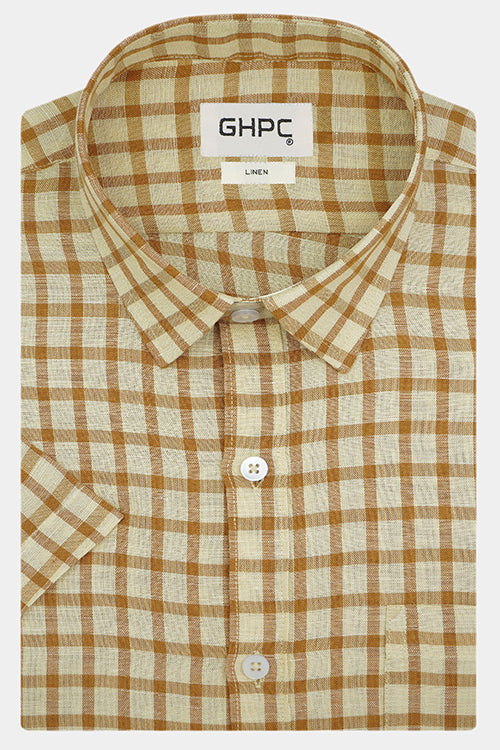 Men's 100% Linen Windowpane Checks Half Sleeves Shirt (Yellow)