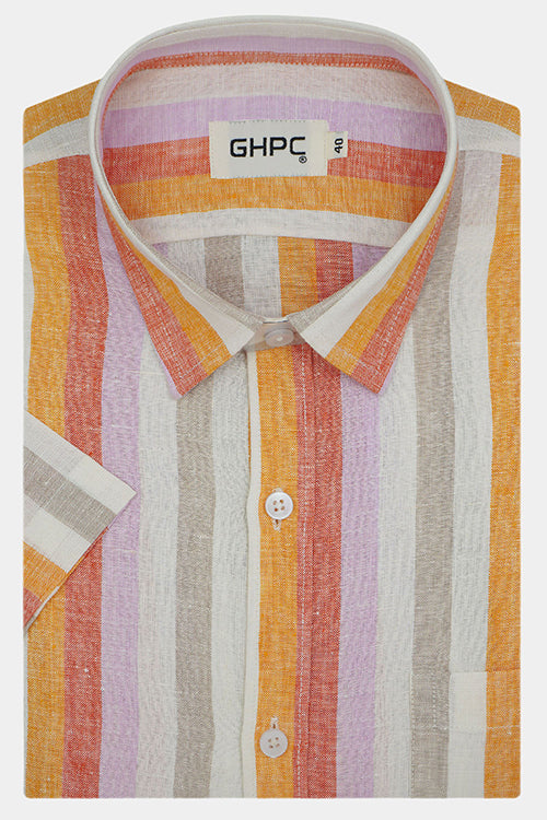 Men's 100% Linen Roman Striped Half Sleeves Regular Fit Formal Shirt (Multicolor)