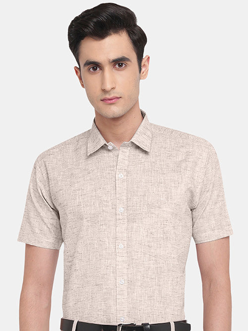 Men's Cotton Linen Plain Solid Half Sleeves Shirt (Brown)