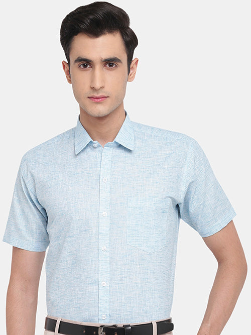 Men's Cotton Linen Plain Solid Half Sleeves Shirt (Aqua)