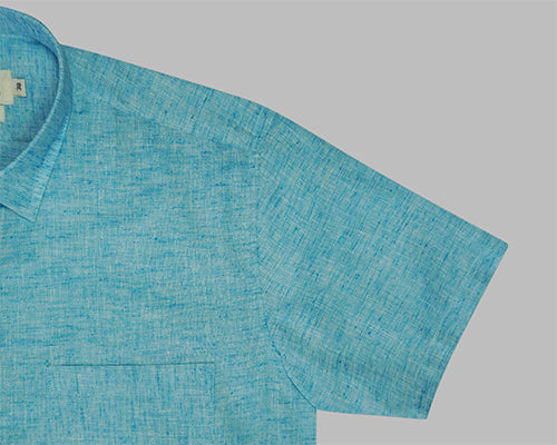 Men's Cotton Linen Plain Solid Half Sleeves Shirt (Aqua)